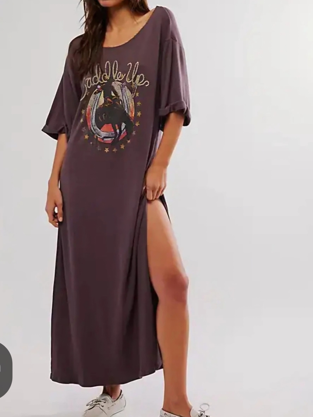 Free People Mauve Graphic Maxi Dress with Side Slit Xl
